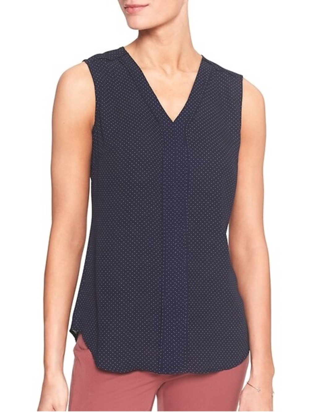 Banana Republic Sleeveless Navy Polka Dot V-Neck Top